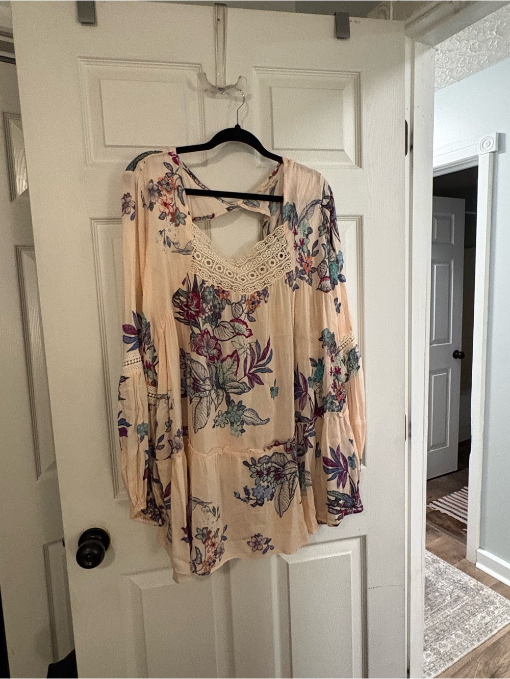 ODDY Cream Floral Lace-Trim Tunic with Purple & Teal Accents